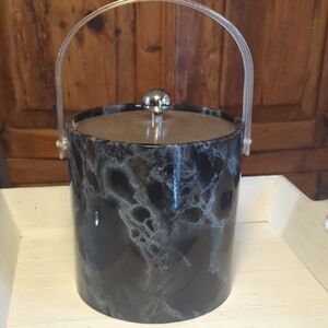 Vintage Black Faux Marble Vinyl Ice Bucket with Plastic Handle 8"